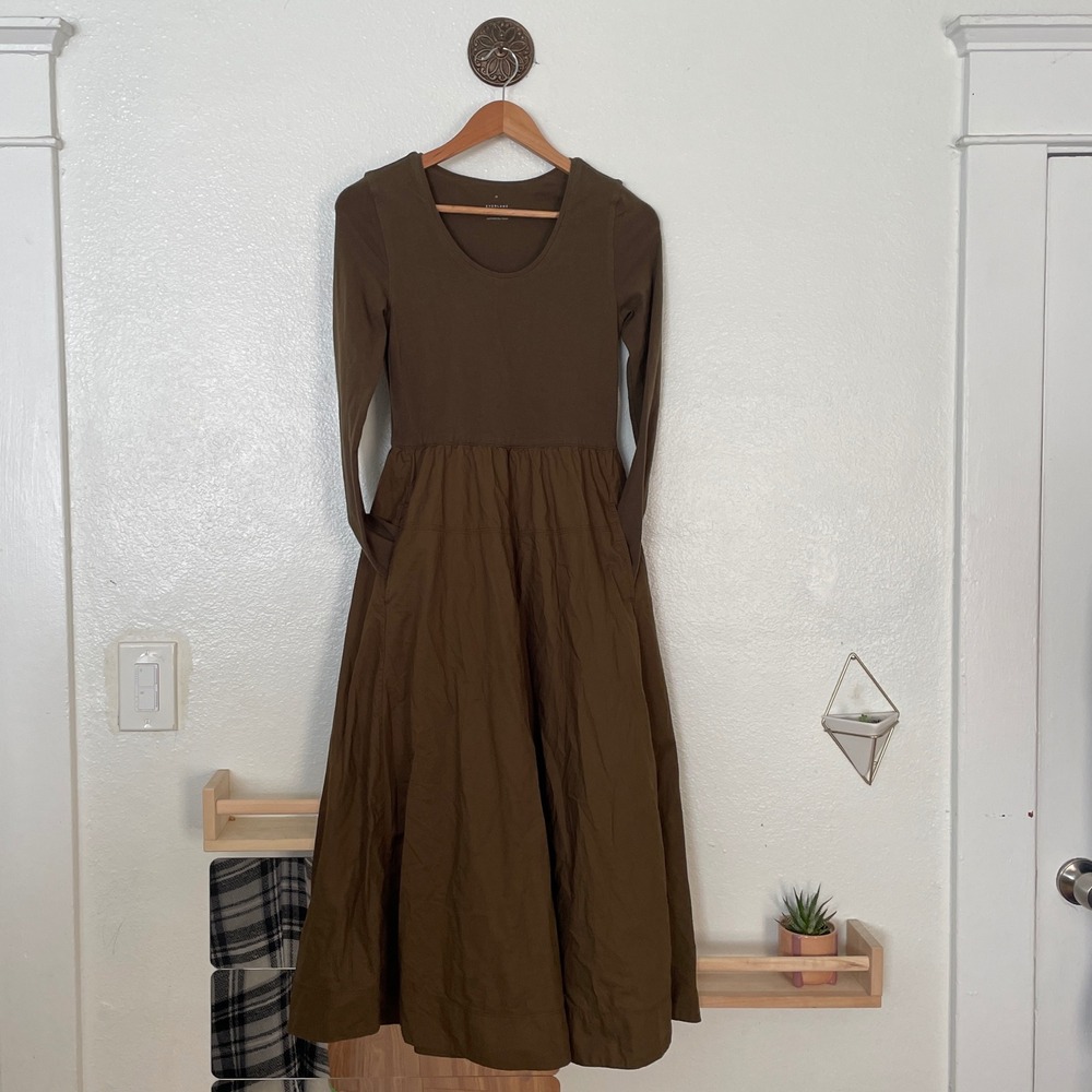 Everlane Olive Brown Mixed Media Long Sleeve Midi Dress XS Pocket Scoop Neck